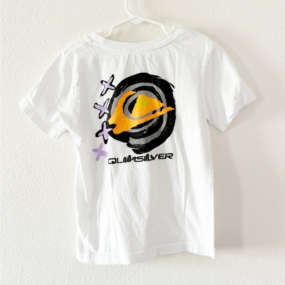 Quiksilver Boys White Cotton T-Shirt with 90s Purple and Orange Graphic size 7